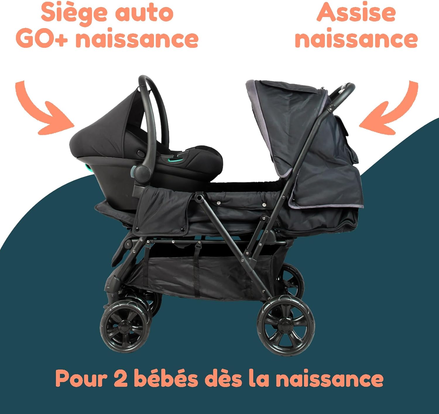 Poussette Double BAMBISOL 2-en-1 pour Jumeaux – Cosy Auto Inclus, Pliable, Noir et Gris – Image 2