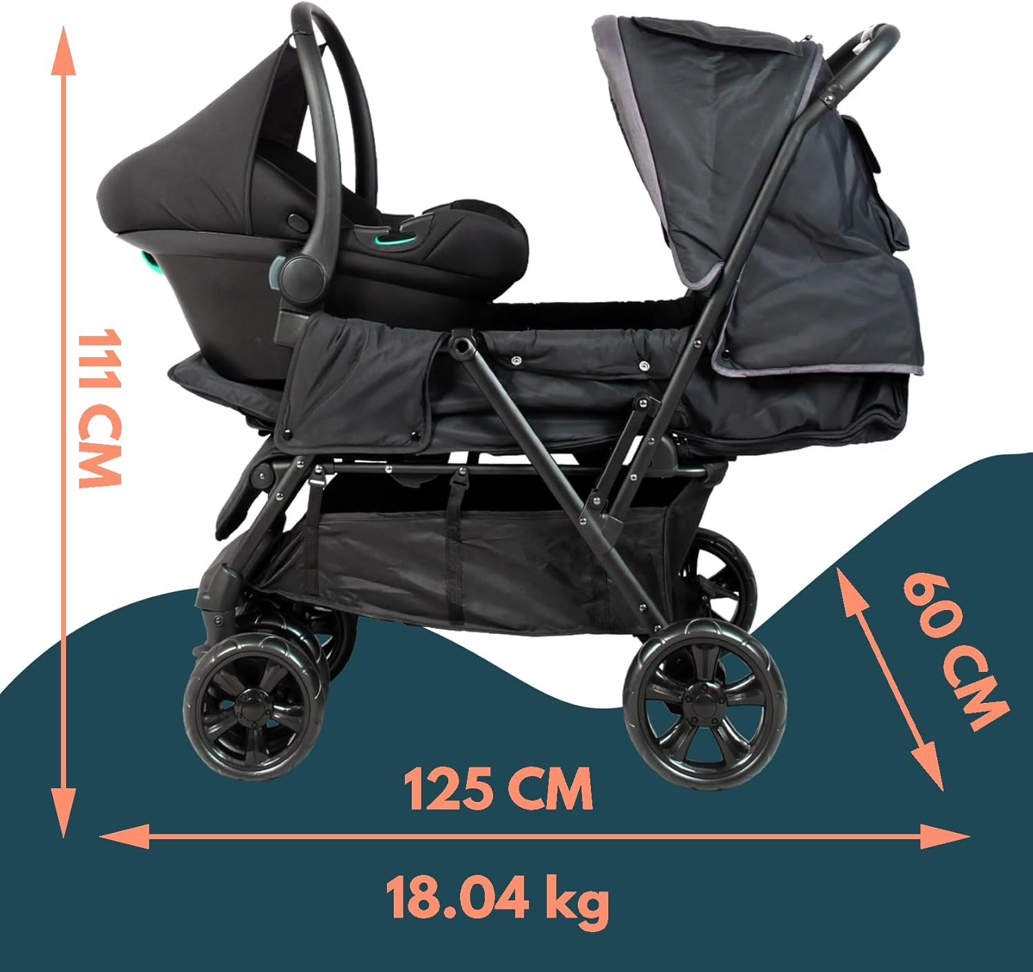 Poussette Double BAMBISOL 2-en-1 pour Jumeaux – Cosy Auto Inclus, Pliable, Noir et Gris – Image 3