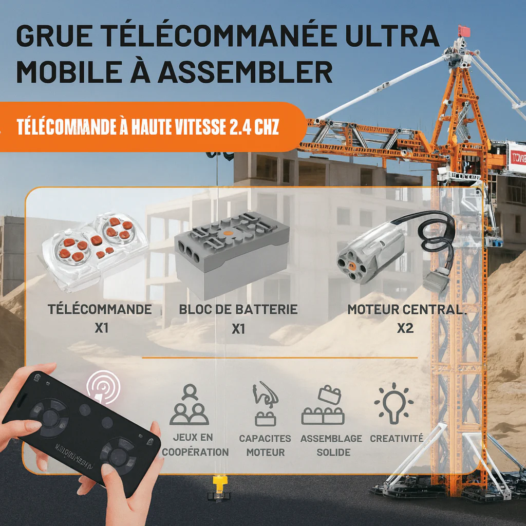 Grue télécommandée réaliste à construire : rotation, levage, contrôle double mode. Jouet éducatif 1288 pièces en ABS. – Image 3