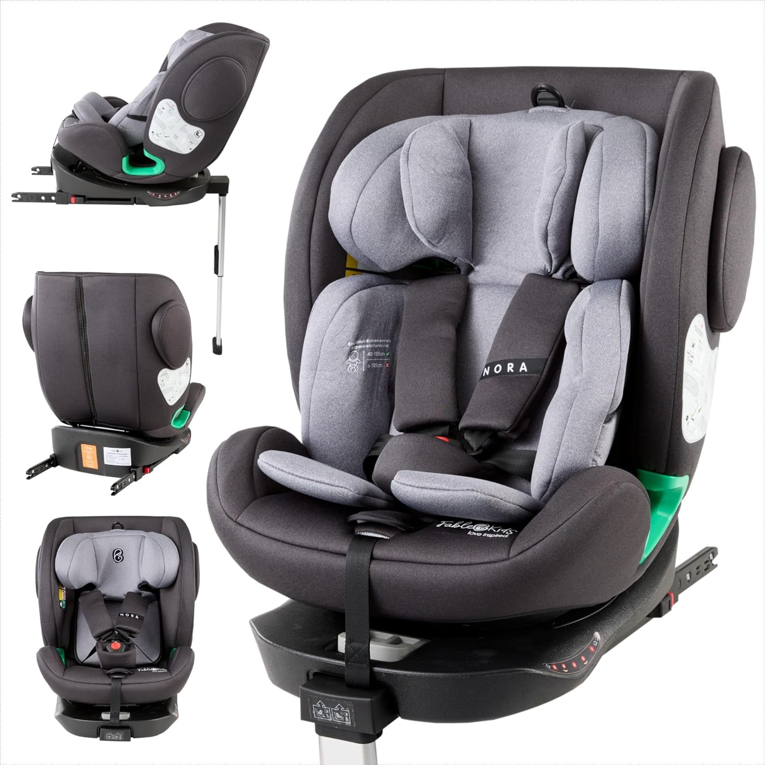 FableKids NORA Siège auto i-Size 40-150 cm, gris, pivotant 360°