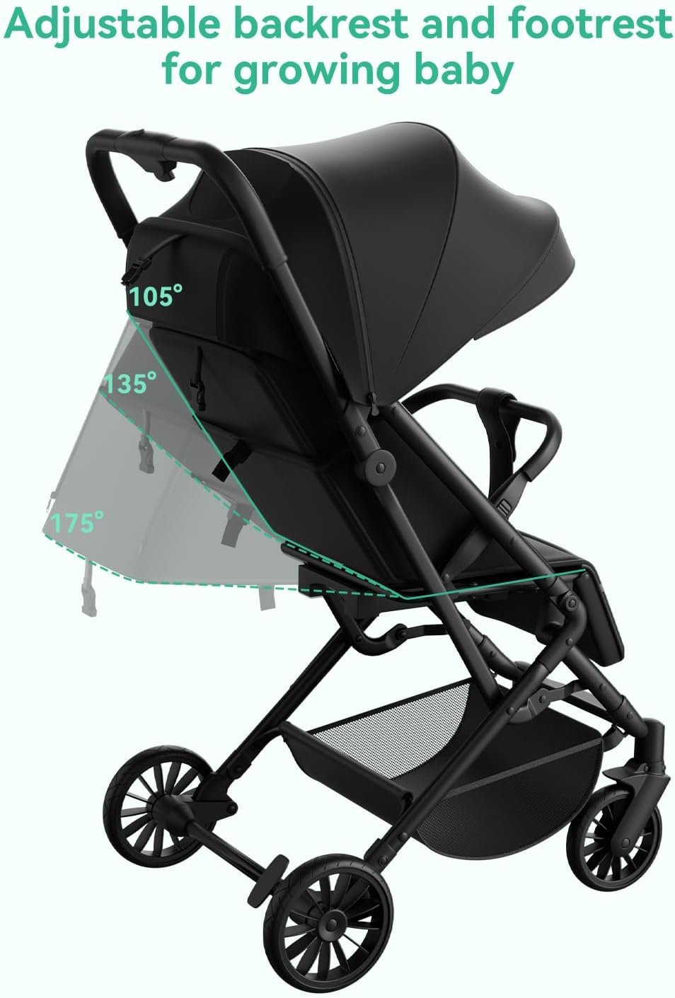Poussette compacte HaShow – Dossier réglable, noire, pour enfants de 0 à 3 ans – Image 3
