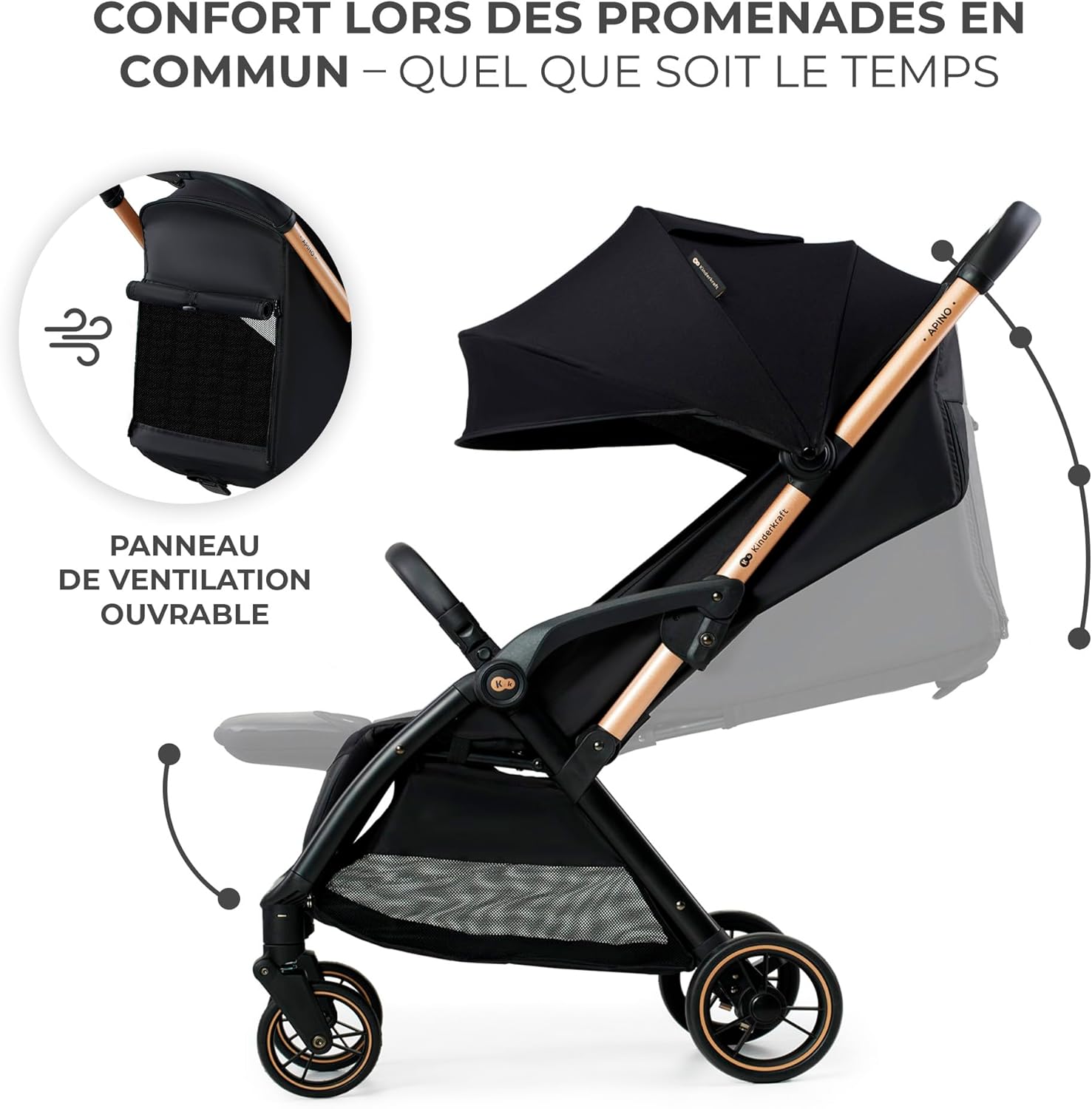 Poussette Canne Kinderkraft APINO – Ultra Légère et Pliable, Noir, Dès la Naissance jusqu’à 22 kg – Image 6