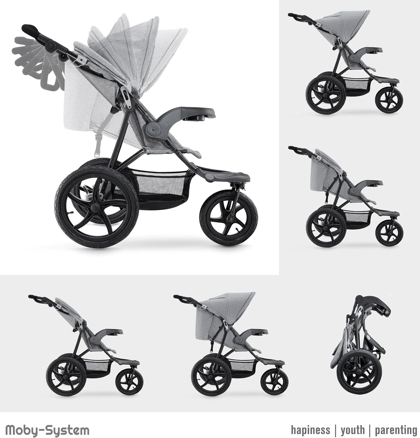 Poussette Tout Terrain Moby-System Runner Mountain – 3 Roues, Harnais 5 Points, Noir/Gris – Image 4
