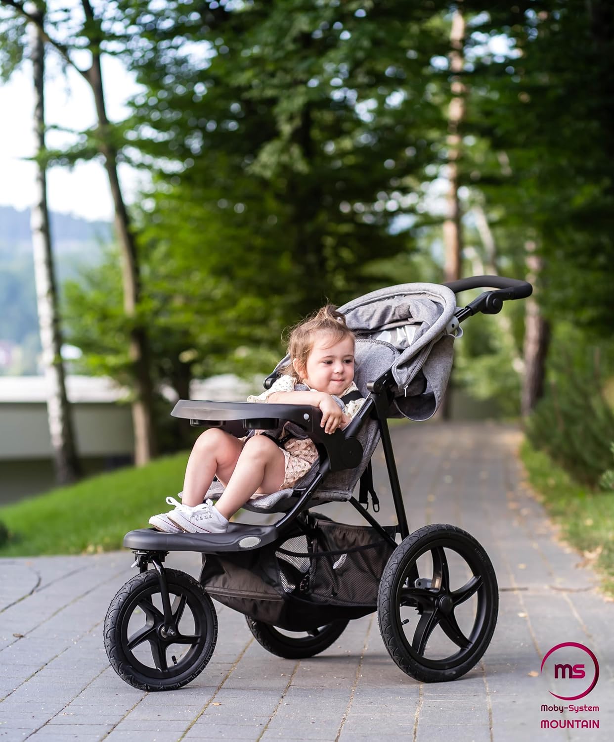 Poussette Tout Terrain Moby-System Runner Mountain – 3 Roues, Harnais 5 Points, Noir/Gris – Image 5