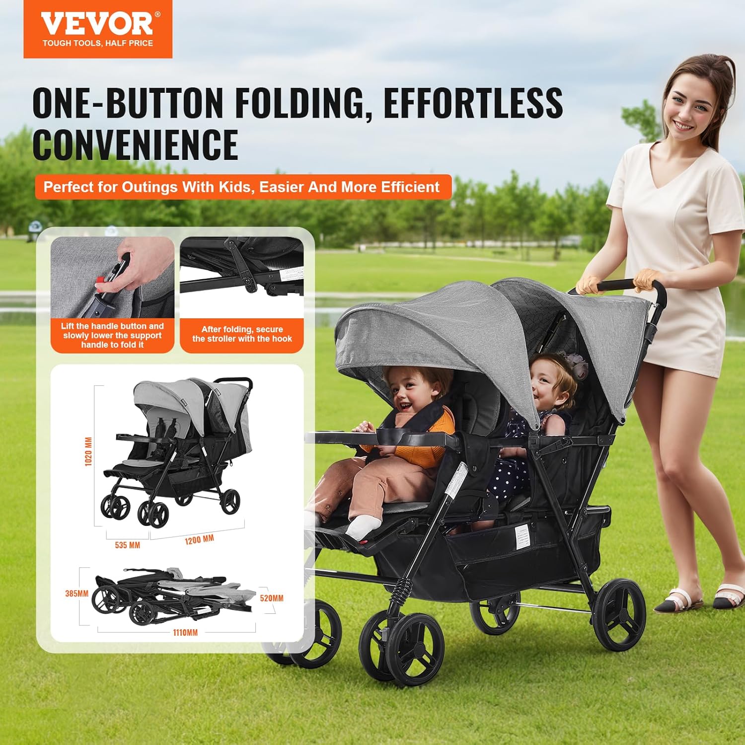 Poussette Double VEVOR Tandem Légère – Gris Foncé, Pliable avec Harnais de Sécurité et Panier de Rangement – Image 2