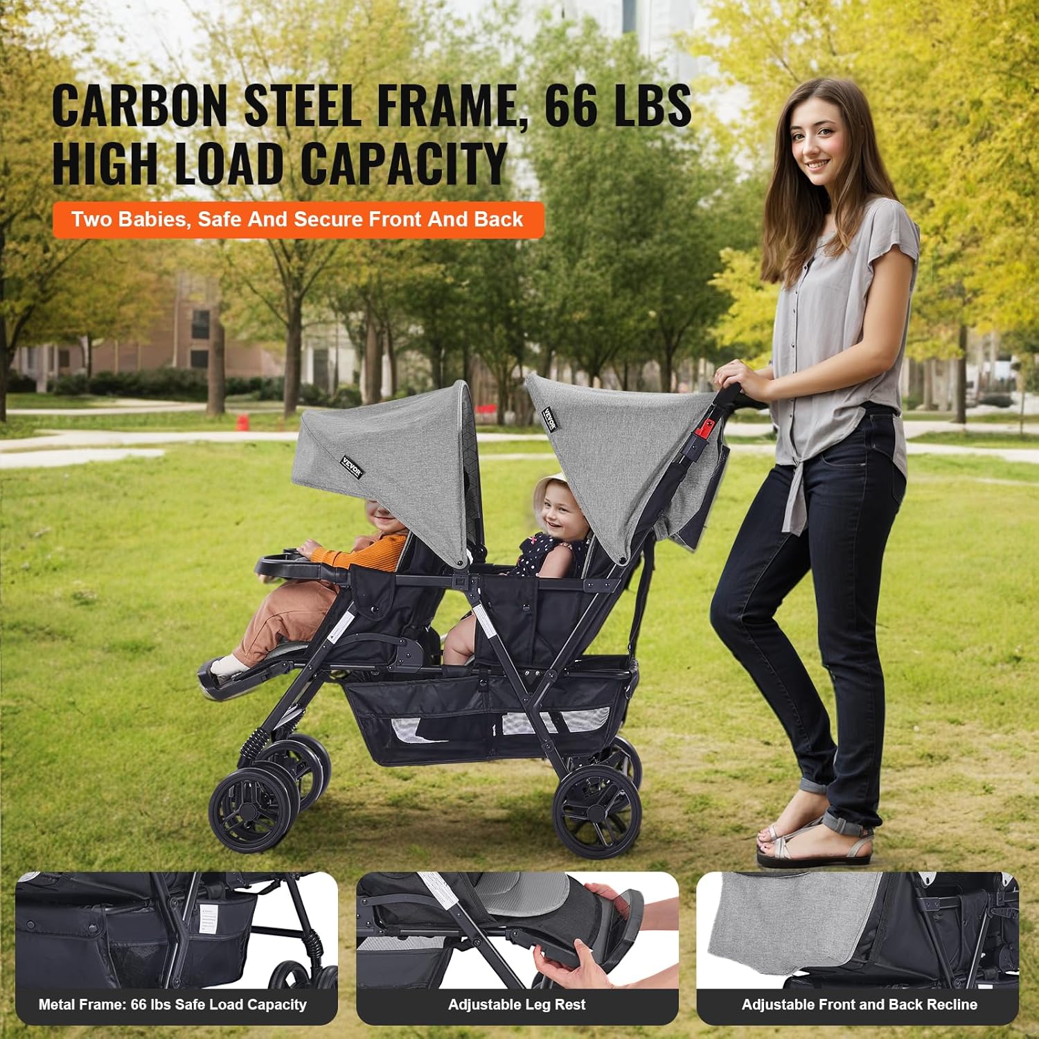Poussette Double VEVOR Tandem Légère – Gris Foncé, Pliable avec Harnais de Sécurité et Panier de Rangement – Image 3