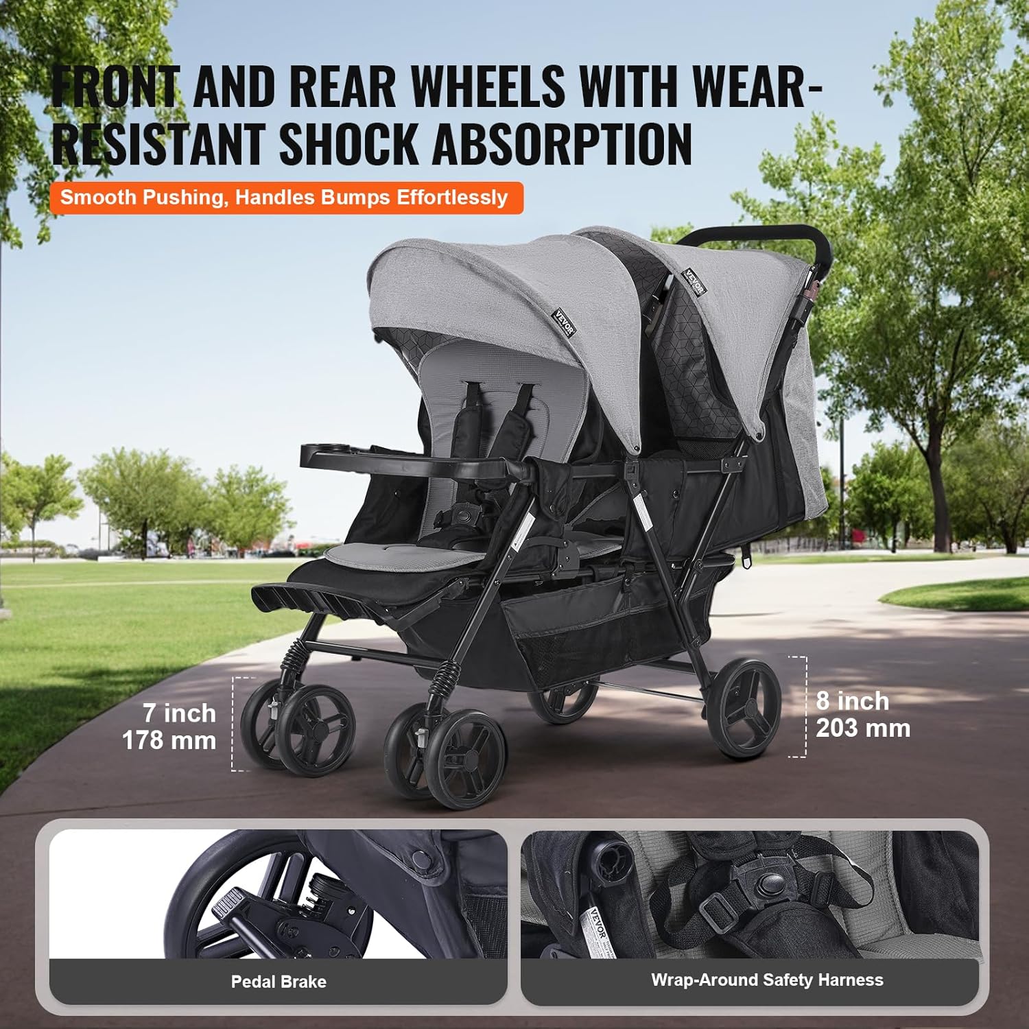 Poussette Double VEVOR Tandem Légère – Gris Foncé, Pliable avec Harnais de Sécurité et Panier de Rangement – Image 4