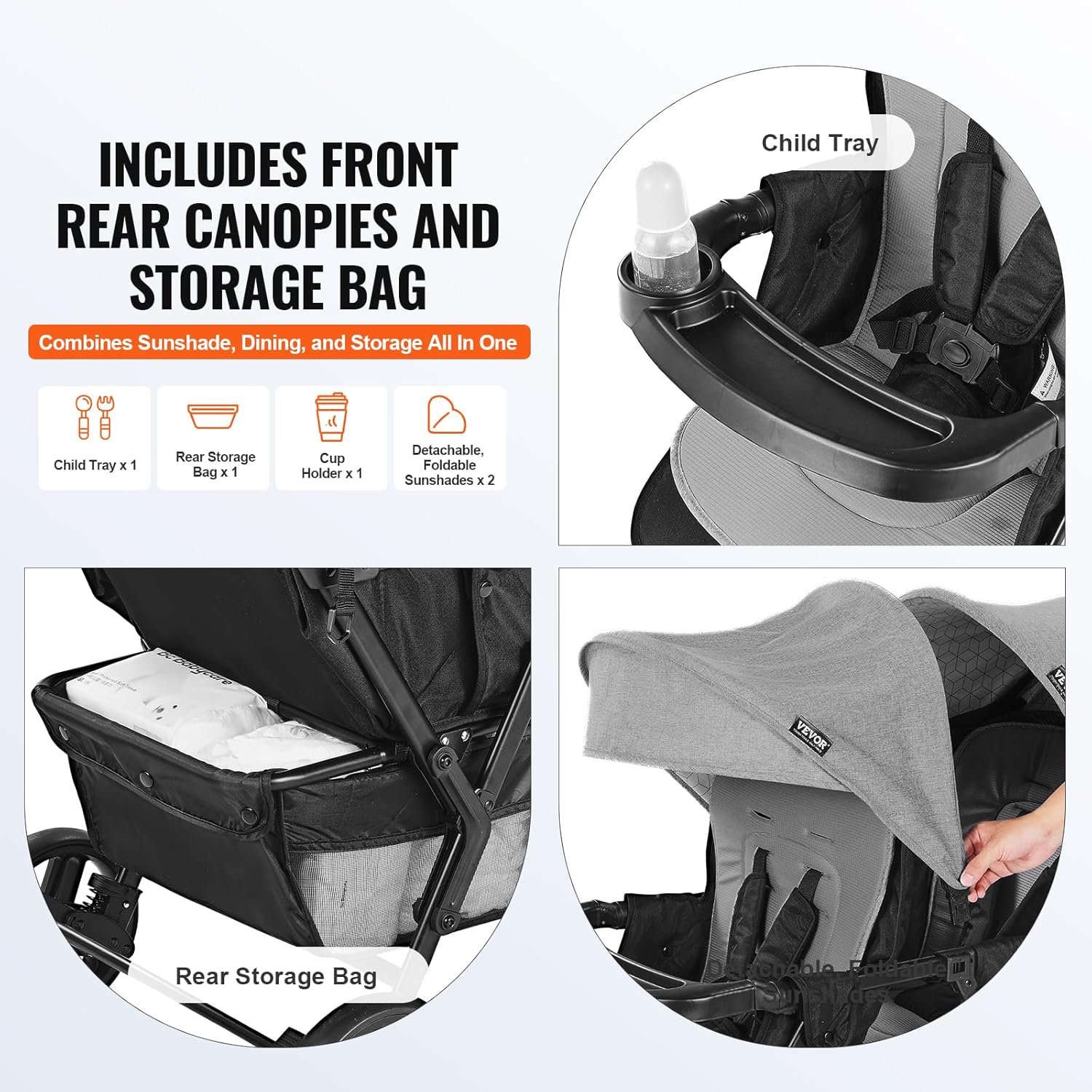 Poussette Double VEVOR Tandem Légère – Gris Foncé, Pliable avec Harnais de Sécurité et Panier de Rangement – Image 5