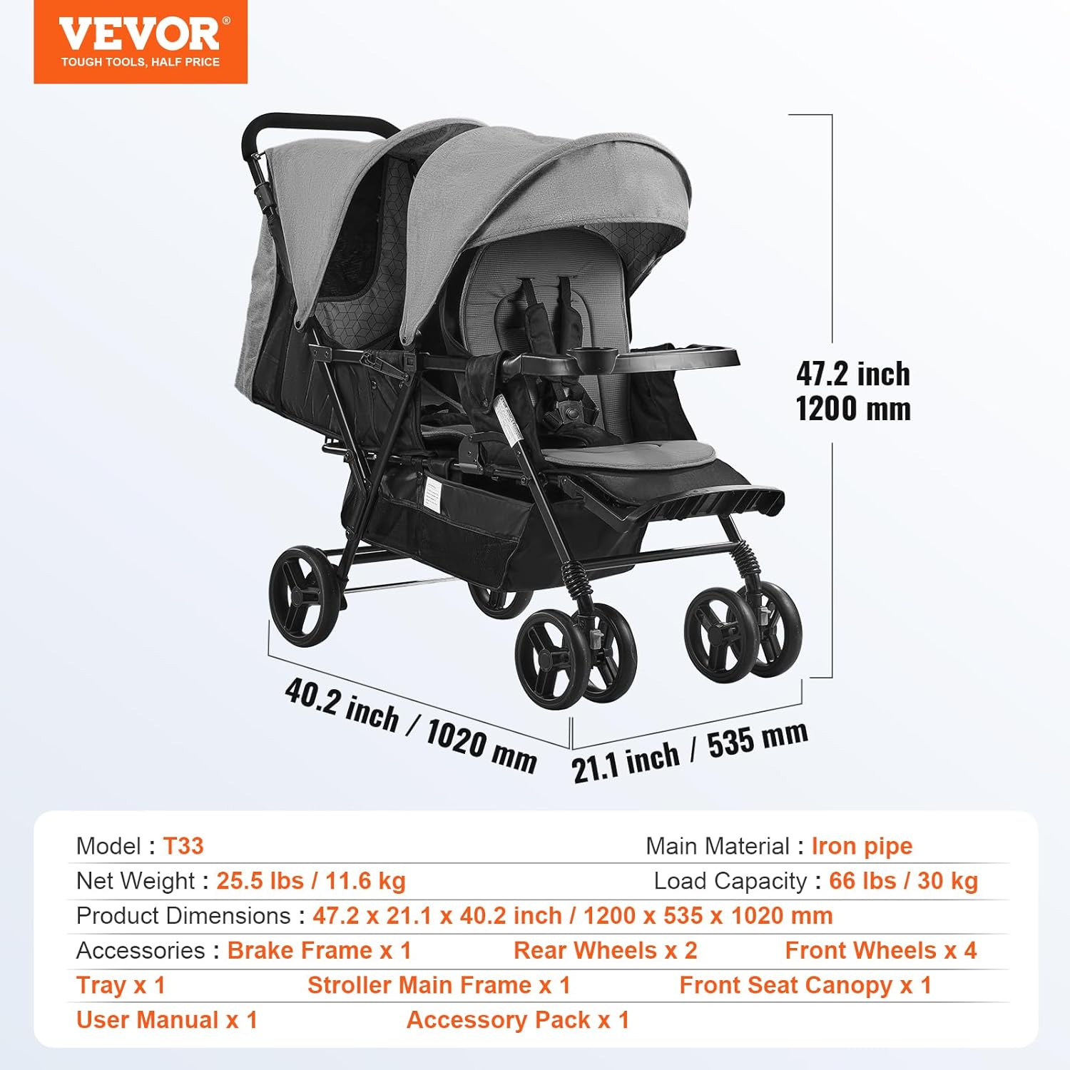 Poussette Double VEVOR Tandem Légère – Gris Foncé, Pliable avec Harnais de Sécurité et Panier de Rangement – Image 7