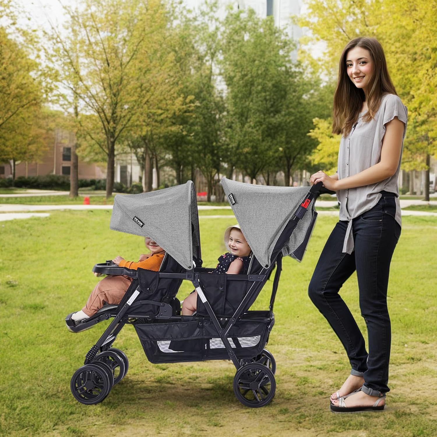 Poussette Double VEVOR Tandem Légère – Gris Foncé, Pliable avec Harnais de Sécurité et Panier de Rangement – Image 8