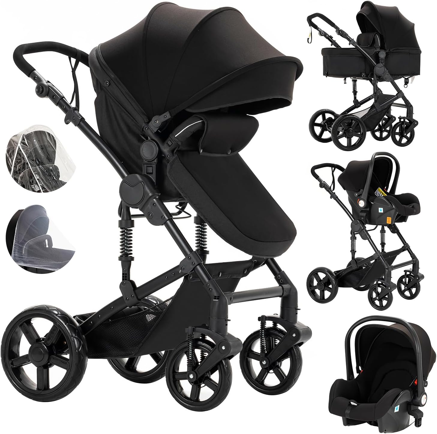 Poussette 3 en 1 Veitoalioy 588 Black – Aluminium, Pliable, Haute Vue
