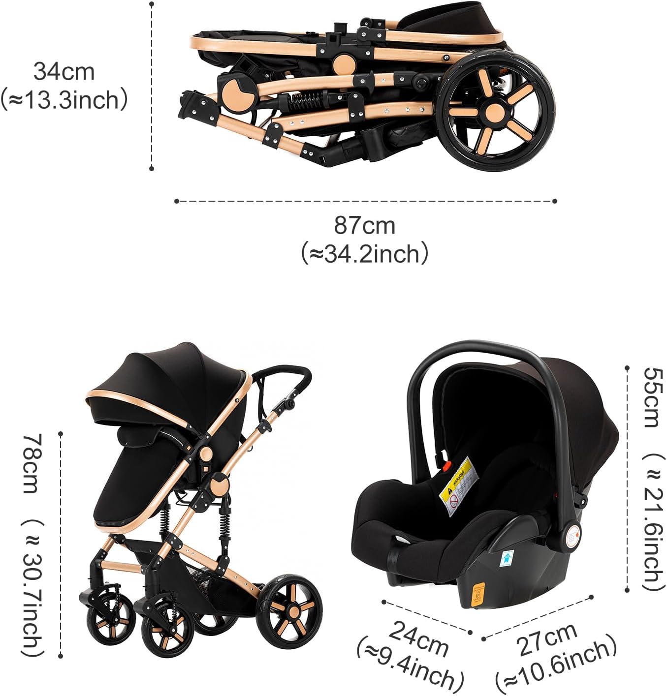 Poussette 3 en 1 Veitoalioy 588 Black – Aluminium, Pliable, Haute Vue – Image 6