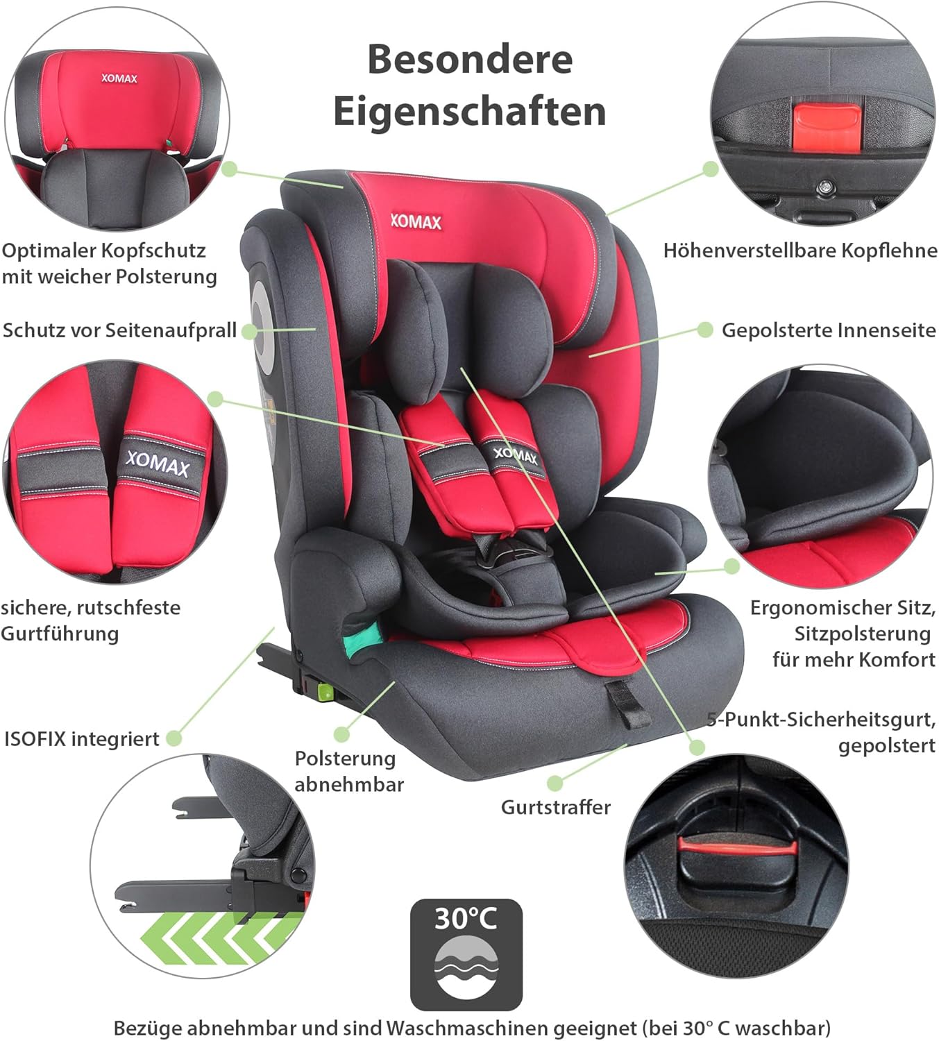 XOMAX LM238 Siège Auto Groupe 1/2/3 – 9 à 36 kg, Evolutif, ISOFIX, Anthracite/Rouge – Image 9