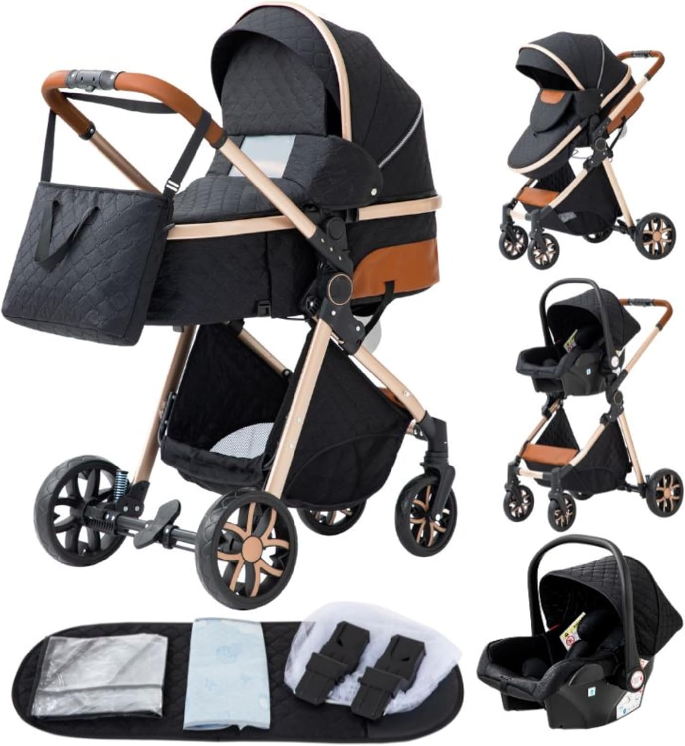 Poussette 3 en 1 YAZOCO Compacte – Luxe Noir (0-36 kg)