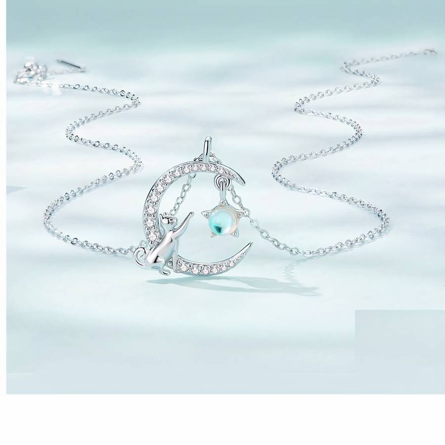 Collier chat en argent Sterling 925 avec pendentif en forme de lune – Image 2