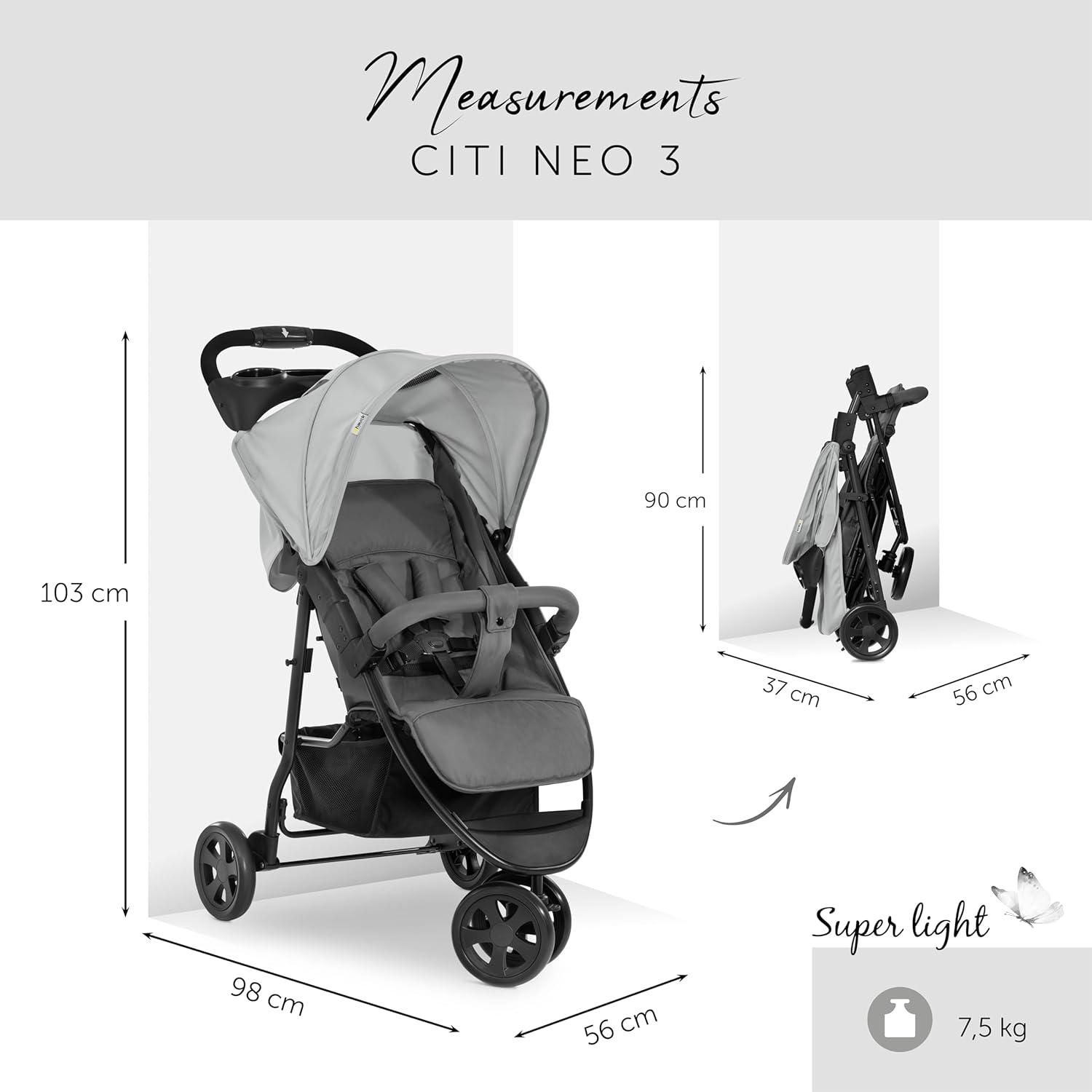 Poussette Hauck Citi Neo 3 – Compacte 3 Roues, Inclinaison, Accessoires Inclus (Gris) – Image 3