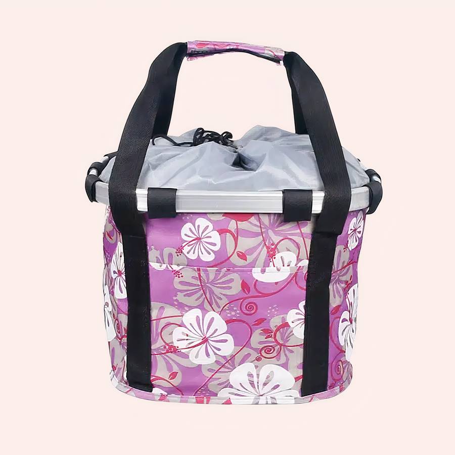 Panier de vélo violet motif fleurs pour chat